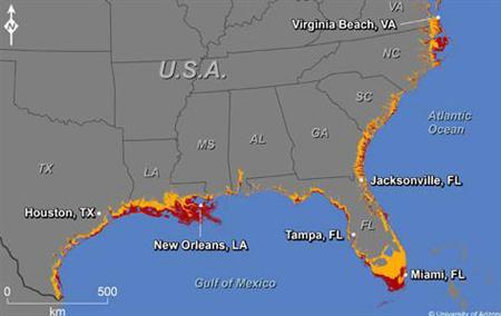 A map showing where increases in sea level could affect the southern and Gulf coasts of the U.S.
